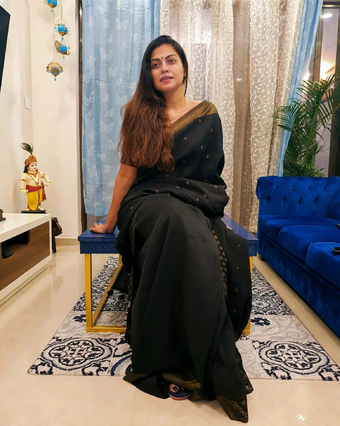 Anusree Nair Wearing Beautiful Earrings Jewellery Black Saree Blouse